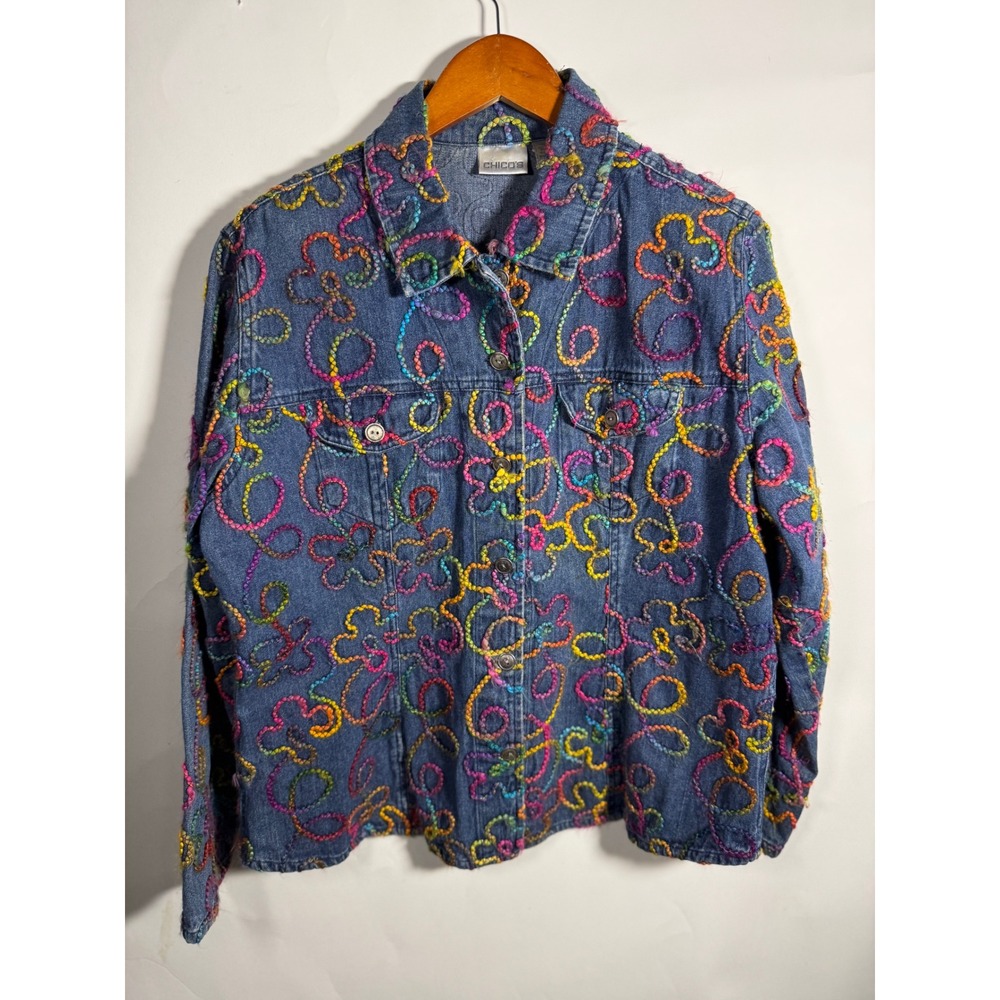 Chicos Embroidered Denim Jacket Blue Rainbow Yarn Floral Boho Size 2 L Large
